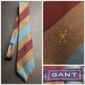 Vintage Gant Striped Tie Embroidered Crests Wool Silk Blend Academia Dad Necktie